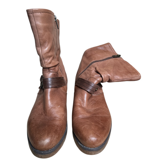 Earth Talus Almond Brown Leather Zip Buckle Moto Mid Boots Womens Size 8.5B - Picture 3 of 7
